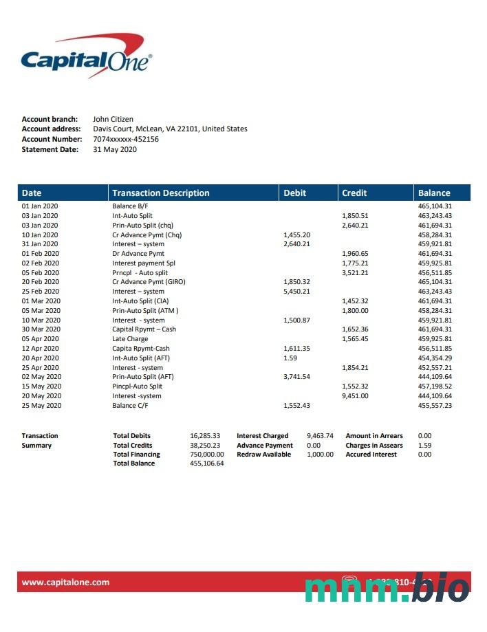 Szablon wyciągu bankowego USA Capital One w formacie Word i PDF, Wersja 4